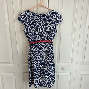 Alyx blue and white print dress with attached pink belt